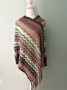 Bow & Arrow Knitwear Chevron Knit Fringe Poncho in Gray, Tan, Coral & Mint